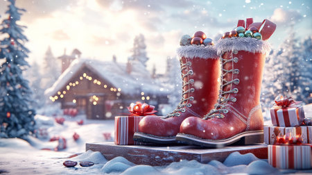 A podium adorned with a Saint Nicholas statue, candy-filled boots, and wrapped presents, set against a winter wonderland scene for Saint Nicholas Day.の素材