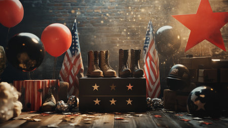 A podium decorated with military items like boots and helmets, surrounded by stars, flags, and balloons, celebrating Veterans Day in a dignified manner.の素材