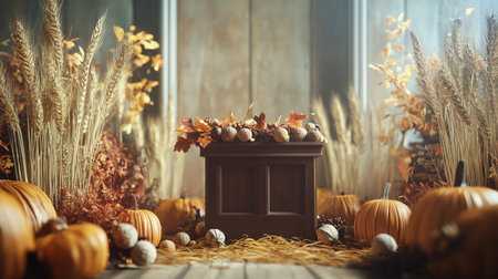 A podium surrounded by golden wheat, pumpkins, and acorns, set against a rustic farmhouse setting for Thanksgiving.の素材