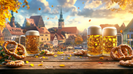 A podium with German national colors, small beer mugs, and pretzels, set against a scenic German cityscape for a festive Germany Day celebration.の素材