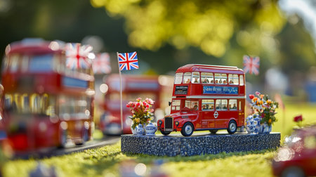 A podium decorated with Union Jacks, classic British tea sets, and mini double-decker buses, set in a festive park scene for Great Britain Day.の素材