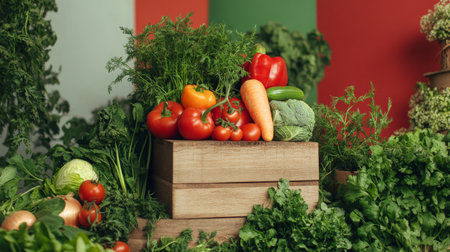A podium decorated with vibrant vegetables, fresh herbs, and a natural, green setting, emphasizing sustainability and plant-based nutrition for World Vegan Day.の素材