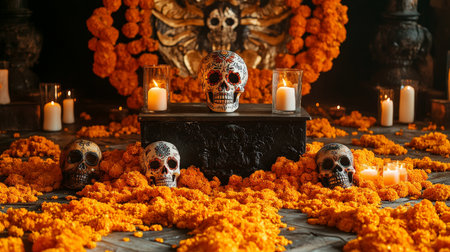 A podium surrounded by bright marigold petals, decorated sugar skulls, and flickering candles, set against a traditional Day of the Dead backdrop.の素材