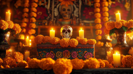 A podium adorned with vibrant marigold garlands, glowing candles, and sugar skulls, set against a traditional Mexican backdrop with intricate patterns for Day of the Dead.の素材
