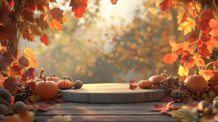 A podium surrounded by warm-toned fall foliage, pumpkins, and acorns, set against a cozy, inviting backdrop for Thanksgiving.の素材