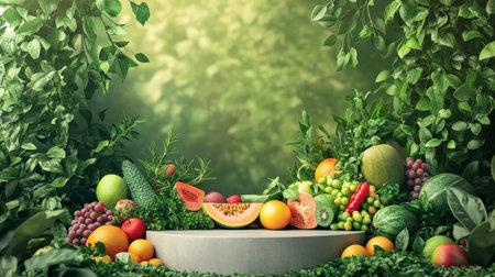 A podium surrounded by fresh herbs, colorful fruits, and green plants, symbolizing a healthy and sustainable plant-based lifestyle for World Vegan Day.の素材