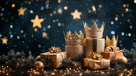 A podium with three gold crowns, richly wrapped gifts, and sparkling stars, set against a starry backdrop to celebrate the arrival of the Three Kings.の素材