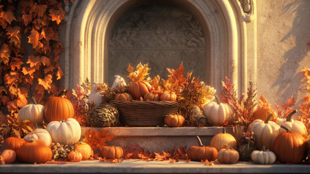 A podium surrounded by warm autumn tones, featuring pumpkins, fall foliage, and cornucopia, creating a rich Thanksgiving scene.の素材