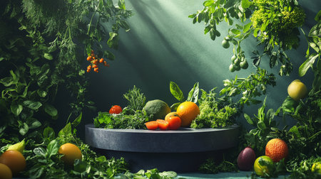 A podium surrounded by fresh herbs, leafy greens, and vibrant fruits, highlighting a plant-based and eco-conscious lifestyle for World Vegan Day.の素材