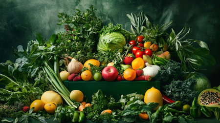 A podium surrounded by fresh herbs, leafy greens, and vibrant fruits, highlighting a plant-based and eco-conscious lifestyle for World Vegan Day.の素材