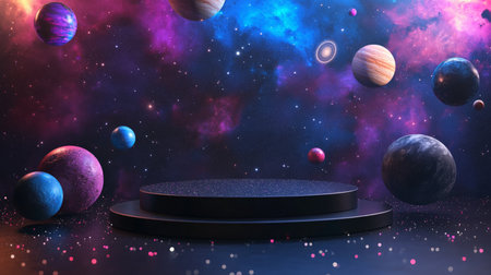 A dark metallic podium surrounded by planets, comets, and distant stars with cosmic lights illuminating the space for a grand World Space Week celebration.の素材