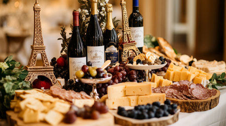 A podium with French-themed decorations, including wine bottles, cheese platters, and small Eiffel Tower figures, celebrating France Day in style.の素材