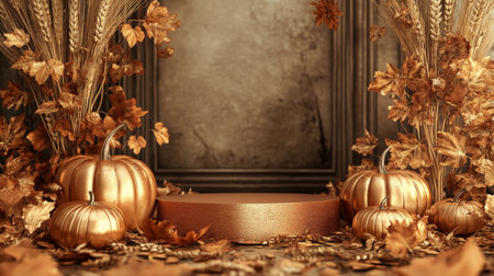 A podium decorated with golden pumpkins, wheat stalks, and fall leaves, celebrating Thanksgiving in a harvest-inspired setting.の素材