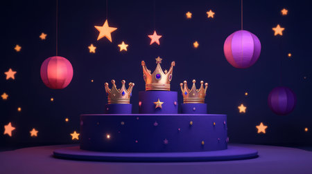 A podium adorned with three royal crowns, glowing lanterns, and shimmering stars, creating a regal and festive atmosphere for Three Kings Day.の素材