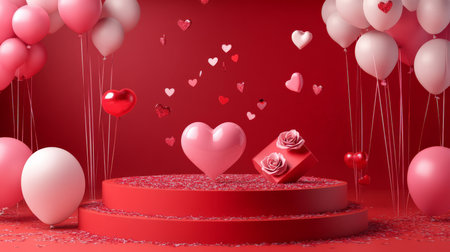 A luxurious red podium with floating pink and white balloons, a heart-shaped gift box with rose details, and confetti raining down for a festive Valentine's Day celebration.の素材