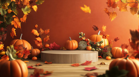 A podium surrounded by vibrant pumpkins, fall foliage, and cornucopia, celebrating the harvest season for Thanksgiving.の素材