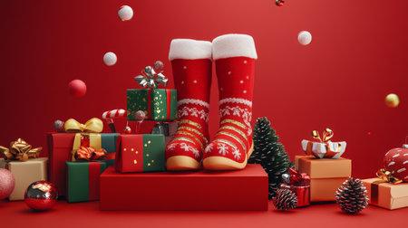 A podium decorated with Saint Nicholas figure, stockings, candy-filled boots, and colorful gift boxes set against a red festive background for Saint Nicholas Day.の素材