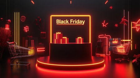 A minimalist black podium surrounded by neon red and yellow sale signs, gift boxes, and glowing shopping carts, with a sleek "Black Friday" banner above.の素材