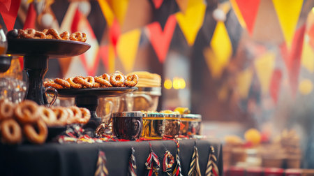 A podium adorned with black, red, and gold bunting, small German pretzels, and beer steins, creating a vibrant Germany Day celebration backdrop.の素材