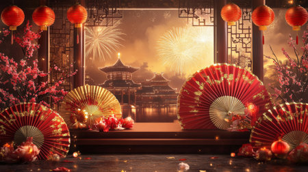 A podium with red and gold fans, lucky Chinese symbols, and lanterns, set in front of a firework-lit sky for Chinese New Year.の素材
