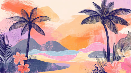 A hand-drawn tropical sunset scene with palm trees, colorful flowers, and abstract waves in soft pastels of pink, orange, and purple, outlined with playful black lines.の素材