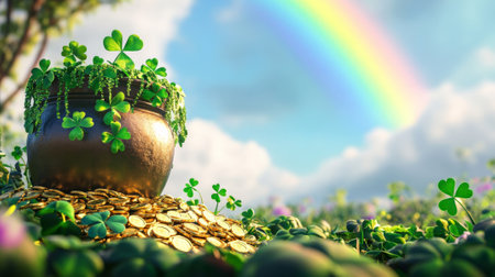 A podium adorned with clover garlands, gold coins, and a large pot of gold, with a vibrant rainbow in the sky for Saint Patrick's Day celebration.の素材