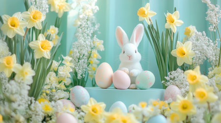 A podium adorned with fresh daffodils, pastel-colored eggs, and fluffy bunny toys, set in a bright spring garden for Easter celebrations.の素材