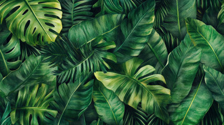 A lush hand-engraved tropical leaf pattern with detailed line work and fine shading, featuring palm and banana leaves in vibrant shades of green.の素材