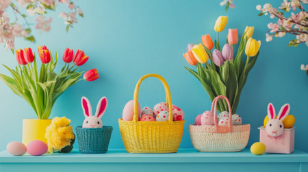 A podium adorned with bright Easter baskets, bunny ears, and tulips, creating a vibrant and cheerful spring scene for Easter.の素材