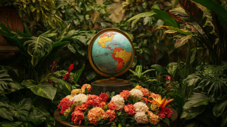 A podium adorned with vibrant leaves, a globe, and fresh flowers, set in a garden for Earth Day celebration.の素材