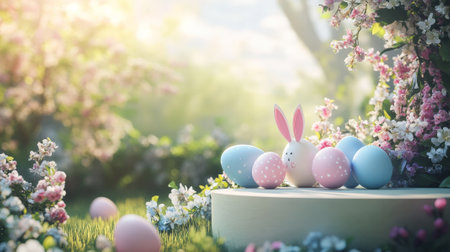 A podium adorned with soft pink and blue eggs, bunny ears, and fresh spring blossoms, set in a sunny garden for Easter.の素材