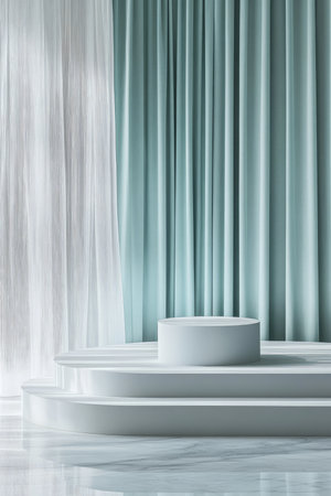 A podium in clean white with pastel blue curtains, lightly illuminated with soft, natural light, offering a tranquil and elegant product display.の素材