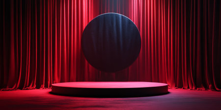 A podium in bold black with red curtains, backlit by a warm spotlight to create a dramatic and striking product display scene.の素材