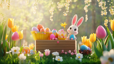 A podium decorated with bright Easter baskets, colorful eggs, and cute bunny figurines, set in a garden with blooming tulips and daffodils.の素材