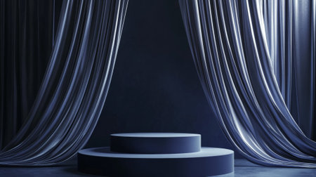 A podium in deep navy blue, with sleek, flowing silver curtains, softly illuminated to create a modern, luxurious product display.の素材