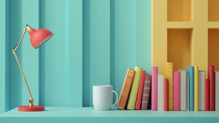A podium decorated with colorful novels, a reading lamp, and a coffee mug, set against a modern home library background for Book Lovers Day.の素材