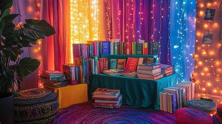 A podium decorated with colorful book covers, fairy lights, and a reading nook, creating a fun and vibrant space for Book Lovers Day.の素材