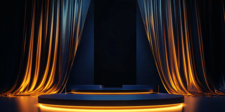 A podium in dark navy blue with bright golden curtains, surrounded by a soft ambient glow, creating a sophisticated and luxurious product display.の素材