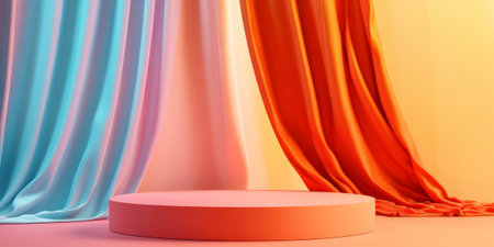 A podium in vibrant orange, with gradient curtains flowing softly in pastel hues, set against a bright, inviting backdrop. Ideal for cheerful product displays.の素材