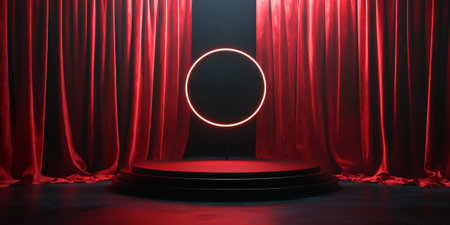 A podium in bold black with red curtains, backlit by a warm spotlight to create a dramatic and striking product display scene.の素材