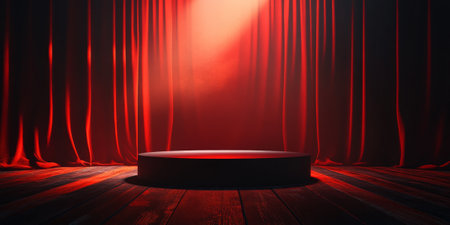 A podium in bold black with red curtains, backlit by a warm spotlight to create a dramatic and striking product display scene.の素材