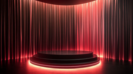 A podium in sleek black with glossy, flowing red curtains, illuminated by soft lighting to create a dramatic and luxurious product display.の素材