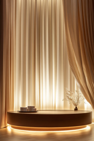 A podium in rich chocolate brown with flowing cream-colored curtains, softly illuminated by golden ambient light, creating a warm, inviting product display.の素材
