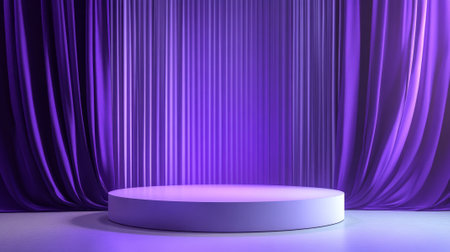 A podium in matte white with royal purple curtains, subtly illuminated for a high-end, elegant product presentation.の素材