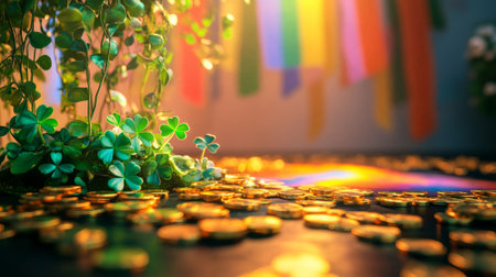 A podium surrounded by Irish flags, shamrocks, and gold coins, celebrating Saint Patrick's Day in a vibrant rainbow-lit setting.の素材