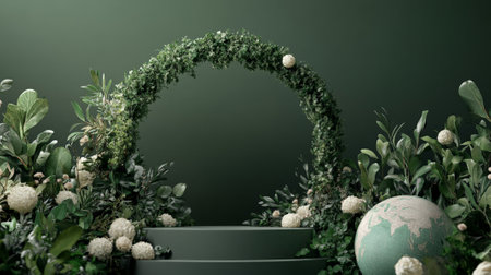 A podium surrounded by greenery, fresh flowers, and a globe, celebrating nature and sustainability for Earth Day.の素材