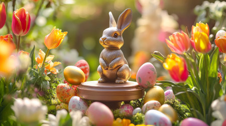 A podium surrounded by golden Easter eggs, cute bunny figurines, and fresh tulips, set in a cheerful and vibrant garden for Easter.の素材