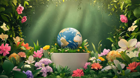 A podium surrounded by colorful flowers, a globe centerpiece, and green foliage, celebrating environmental care on Earth Day.の素材