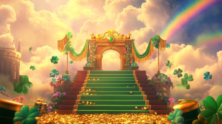 A podium surrounded by green and gold banners, Irish symbols, and leprechaun hats, set against a rainbow-lit sky for Saint PatrickÃ¢â¬â¢s Day.の素材