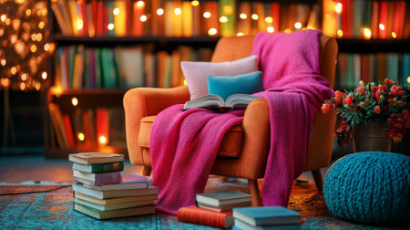 A podium surrounded by colorful books, a cozy reading chair, and warm lighting, celebrating the joy of reading for Book Lovers Day.の素材